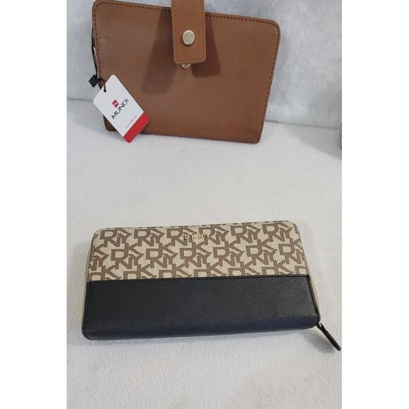 Lot Of 2 Women's Wallet DKNY Beige Logo Print Mundi Brown Leather Card Slots - Picture 3 of 10